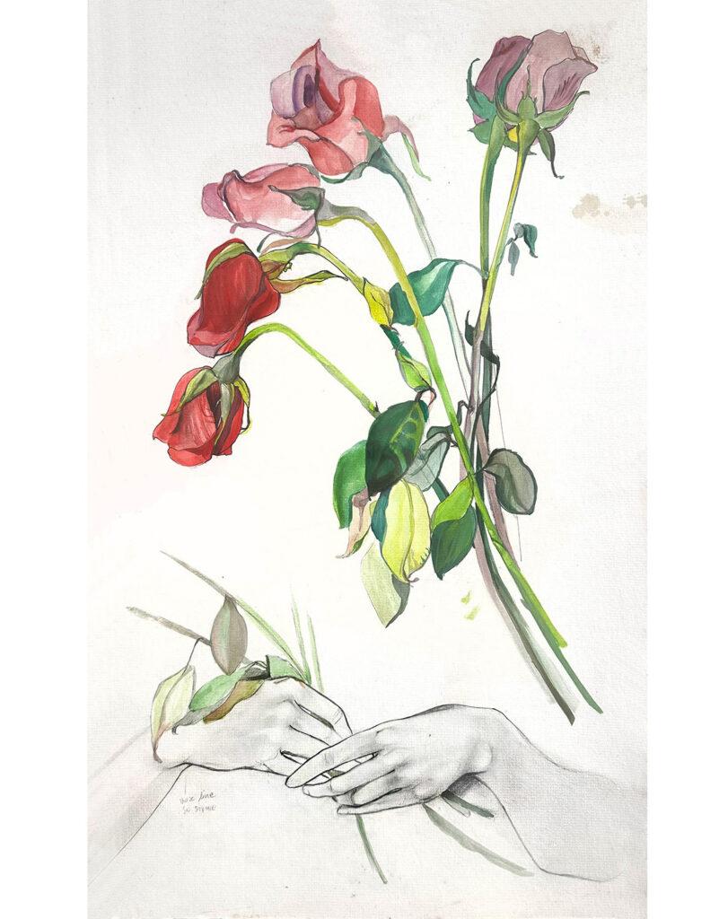 Sketch of two hands gracefully holding roses, in a realistic style, in soft pencil. Underneath a watercolor of a bouquet of red and pink roses with green leaves and stems.