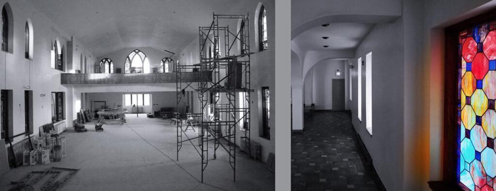 A mega church interior is undergoing extensive renovation, featuring custom design and contemporary stained glass windows in vibrant colors that illuminate the sanctuary.